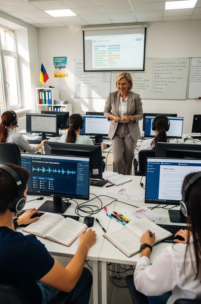 Digital timer counting down during a timed practice test for English proficiency exams.